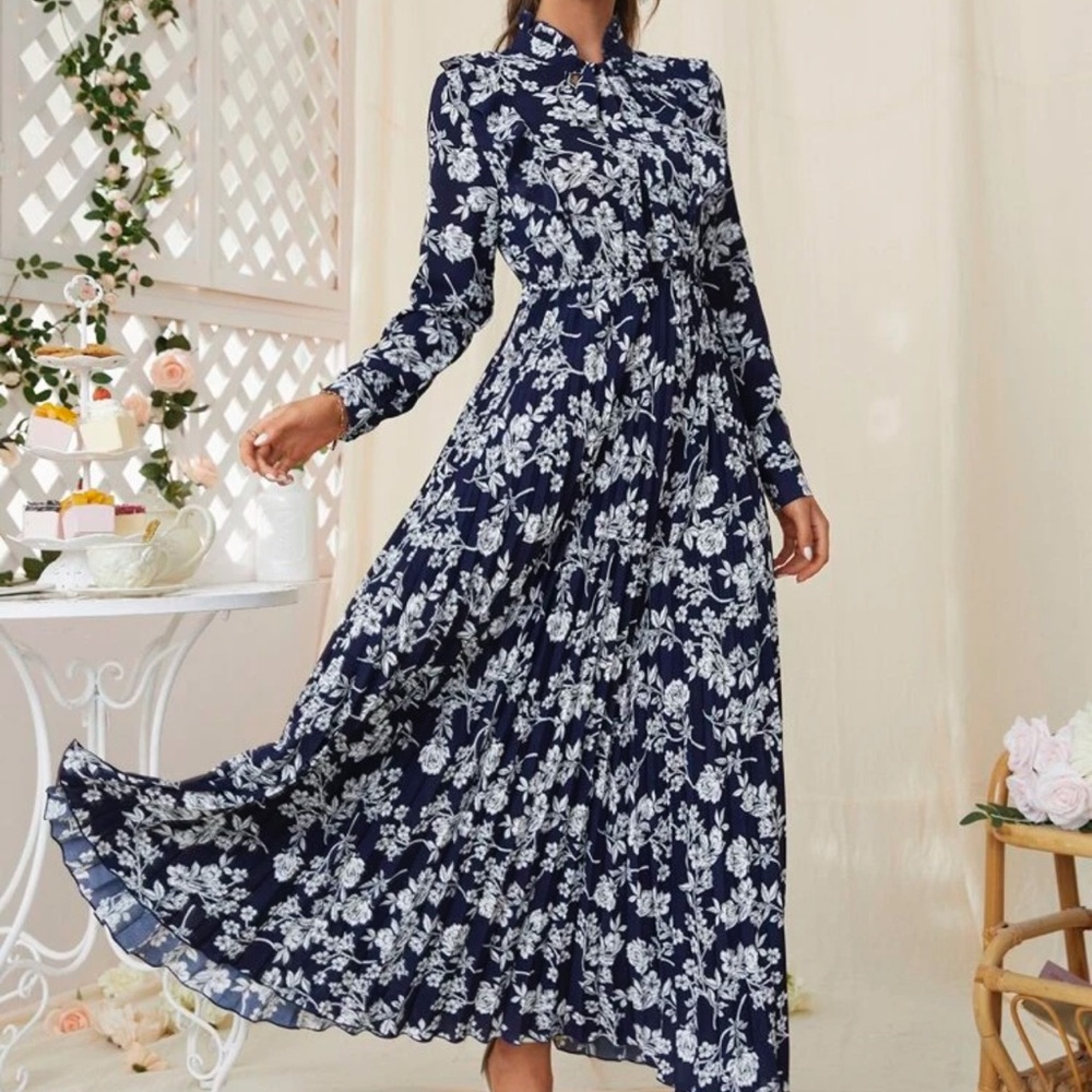 Blue Pleated Ruffled Gown with Bishop Sleeves